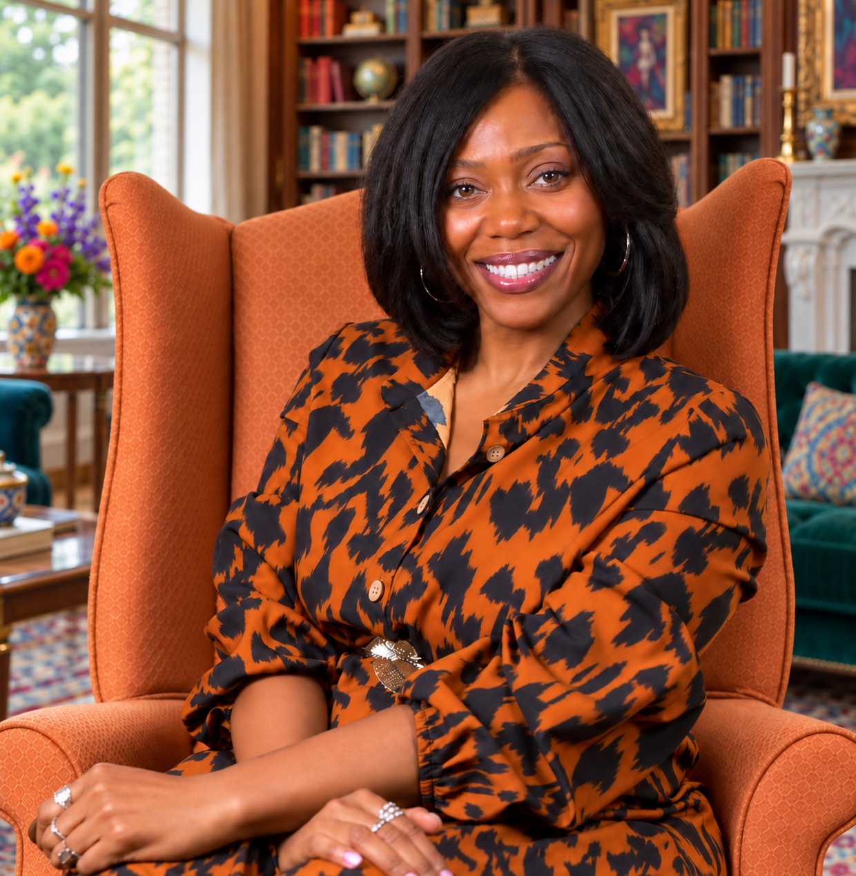 Jamila Naila smiling while seated in an orange chair, wearing an orange and black outfit